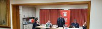 Fachdienstleitung Bürgerservice Nadine von Hörsten, Schriftwart Hermann Hoppenstedt, Ortsbrandmeister Henning Schmidt, Gemeindebrandmeister Oliver Hermann und Gemeindebürgermeister Dirk Oelmann stehen der JHV vor